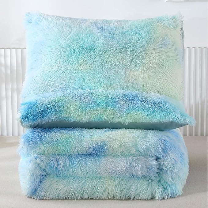 PERFEMET Long Faux Fur Shaggy Comforter Twin 3 Pcs Plush Fluffy Green Tie Dye Bedding Set for Girls Teens Soft Warm Fuzzy Furry Rainbow Bedding Comforter Set(Green, Twin)