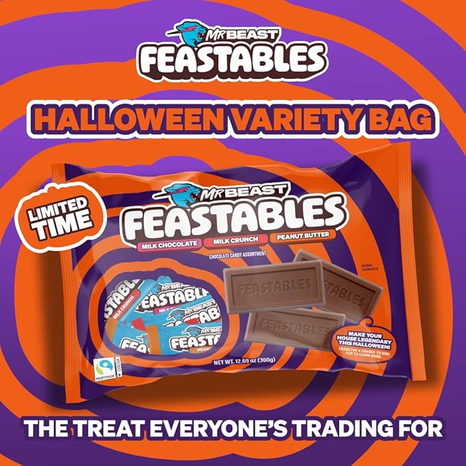 Feastables Mrbeast Halloween Candy Variety Pack With Milk Chocolate, Peanut Butter, & Milk Crunch Mini Bars, Trick or Treat Chocolate Bar Snacks or Party Favors, Fairtrade Cocoa, 12.69 Oz Bags, 4 Pack