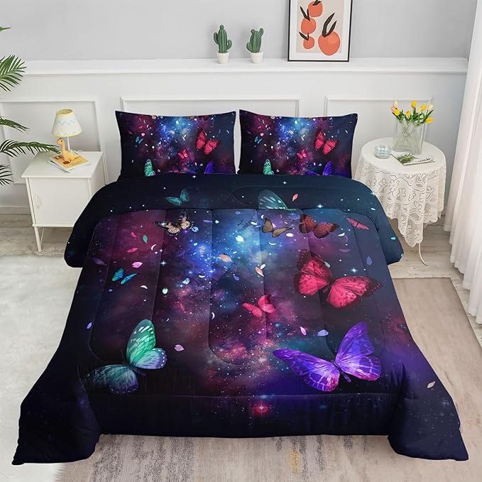 3D Butterfly Comforter Set Starry Sky Galaxy Printed Bedding Set with 1 Comforter and 2 Pillowcases for Boys and Girls Bedroom All Season(Butterfly-2 Twin)