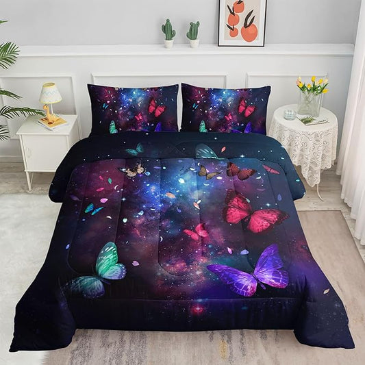 3D Butterfly Comforter Set Starry Sky Galaxy Printed Bedding Set with 1 Comforter and 2 Pillowcases for Boys and Girls Bedroom All Season(Butterfly-2 Twin)