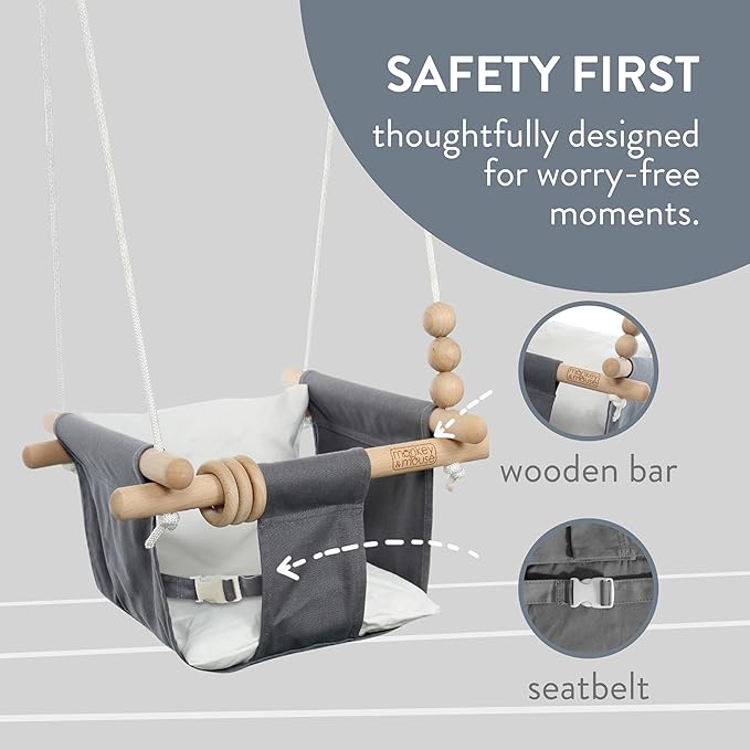 Monkey & Mouse Baby Swing, Grey White Indoor Outdoor Portable Hanging Chair - Infant & Toddler Kids 6 Months - 4 Years, Cotton Canvas & Beech Wood Frame, Sensory Hammock Boy & Girl Seat w/Wooden Toys