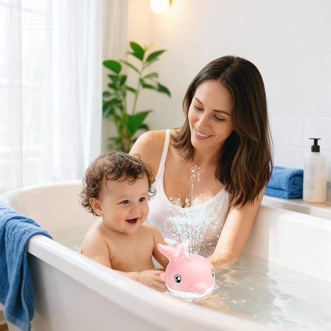 Bath Toys, Light Up Dolphin Baby Bath Toys for Babies 6-12 12-18 Months, Rechargeable Sprinkler Musical Toys, Easter Basket Stuffers Bathtub Toys for Toddlers 1-3 2-4 Boys Girls Infant Kids- Pink