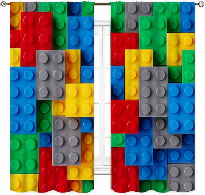 Building Blocks Blackout Curtains, Kids Boys Abstract Colorful Geometric Brick Constructor Curtains Bedroom Playroom Living Room Abstract Window Treatments Drapery 2 Panel, 63"x63" Inch