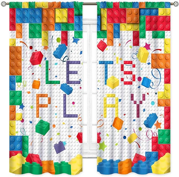 Building Blocks Curtains for Boys Room, Abstract Colorful Plastic Building Brick Blocks Geometric Printed Pattern Window Treatment Drapes for Kids Baby Bedroom Living Room, 42"x45" Inch
