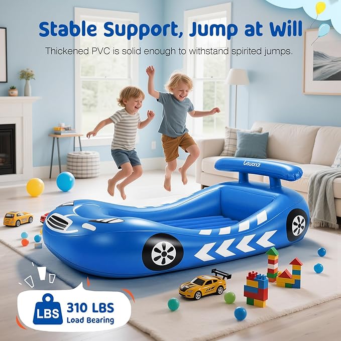 Lewondr Inflatable Kids Bed, Racecar Toddler Air Mattress with Safety Bumpers, Toddler Blow up Mattress with Hand Pump, Portable Toddler Travel Bed for Camping, Sleepovers, Vacation & Home, Blue