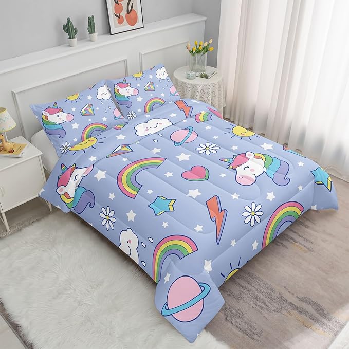Kids Comforter Set Cartoon Rainbow Unicorn Printed Pattern Bedding Set with 1 Comforter and 2 Pillowcases for Girls Boys Bedroom All Season(Cartoon Unicorn Twin)