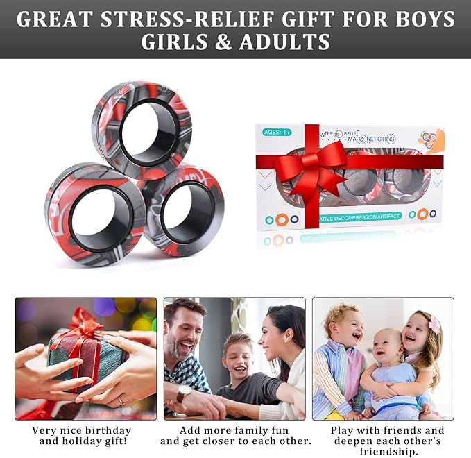 3Pcs Magnetic Rings Fidget Toy Set, Idea ADHD Anxiety Magnetic Fidget Toys Adults Fidget Spinner Rings for Relief, Christmas Stocking Stuffers Gifts for 8 9 10 11 12 13+ Year Old Teen Boy Girl B