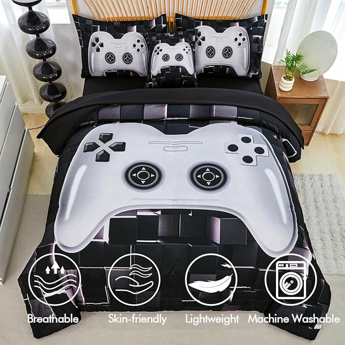 PERFEMET 6 Pieces Bed in A Bag Gamer Comforter Set Queen Size-Black White Game Console Bedding Set for Boys Girls-Soft Comfy 3D Cool Video Game Kids Bed Set(White, Queen)