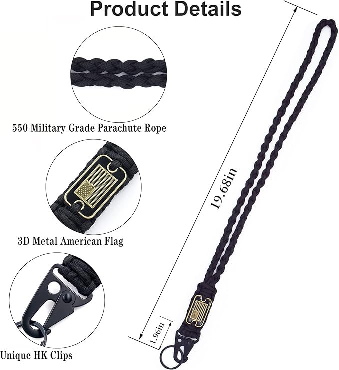 Heavy Duty Braided Paracord Lanyard Keychain with USA Flag, Parachute Rope Necklace Keychains, Braided Strong Lanyard