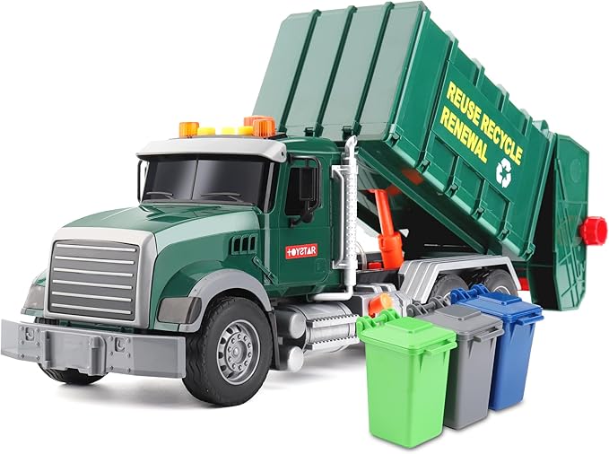Dwi Dowellin Toddler Toys for 3 + Years Old Boys, 15" Large Garbage Truck Toy,Friction Powered Waste Management Garbage Truck with Lights and Sounds,3 Rear Loader Trash Cans,Kids Gift