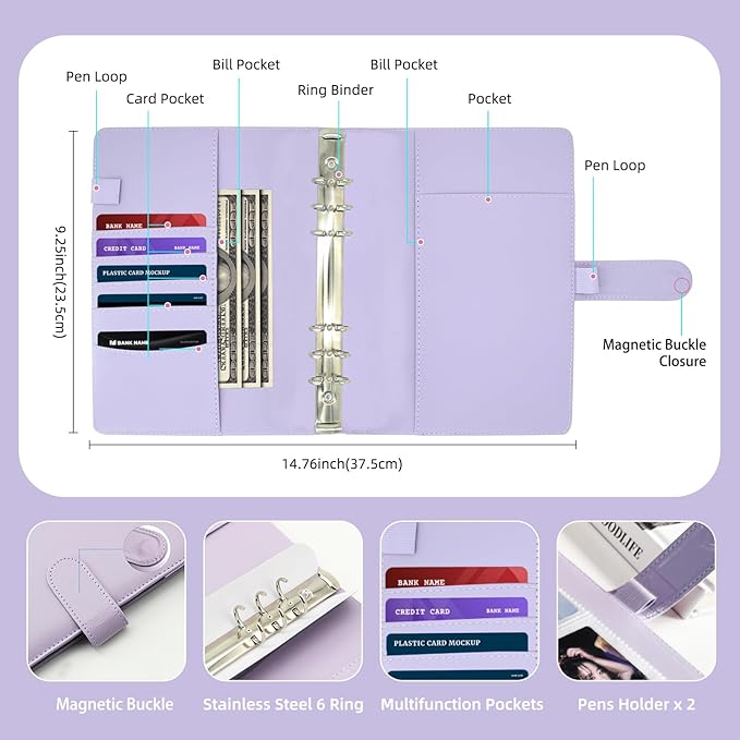 A5 Kpop Photocard Binder, 6 Ring Binder Collector’s Album with 240 Card Slots, PU Leather Cover for Organizing K-Pop, Trading Cards, Game Cards & Memorabilia (Purple)