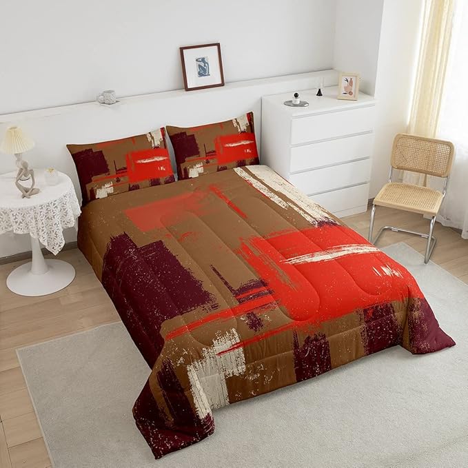 Abstract Bedding Set Comforter Set for Kids Boys Girls Teens Room Decor Modern Abstract Art Comforter Brown Orange Duvet Set 2Pcs Toddler Size