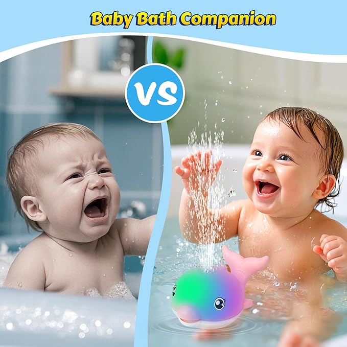 Baby Bath Toys, 2025 Upgraded Magnetic Charging Toddler Bath Toys for Kids Ages 1-3, Light Up Dolphin Bath Toy Sprinkler, Birthday Gifts Infant Baby Toys 6-12-18 Months- Pink