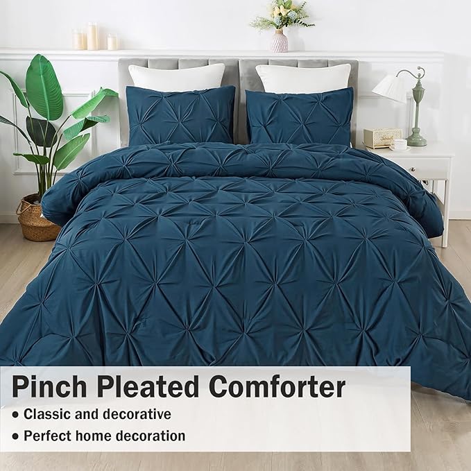 Andency Navy Blue Pinch Pleat Comforter Full(79x90Inch), 3 Pieces(1 Pintuck Comforter and 2 Pillowcases) Down Alternative Microfiber Bedding Set