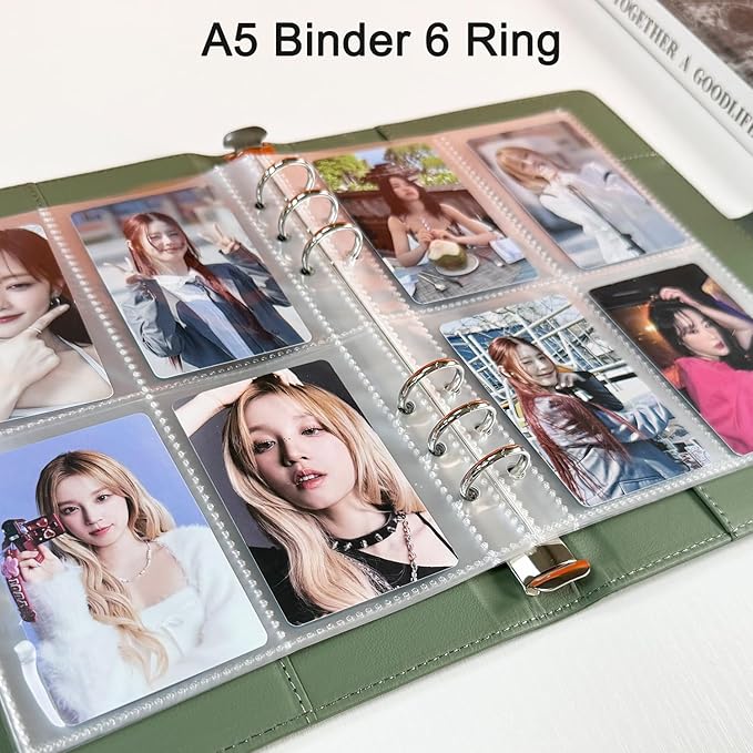 A5 Kpop Photocard Binder, 6 Ring Binder Collector’s Album with 240 Card Slots, PU Leather Cover for Organizing K-Pop, Trading Cards, Game Cards & Memorabilia (Olive Green)