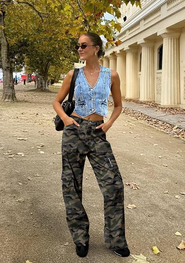 IVIR Cargo Pants Women High Waist Wide Leg Casual Pants with 7 Pockets Stretchy Drawstring Baggy Y2K Trousers