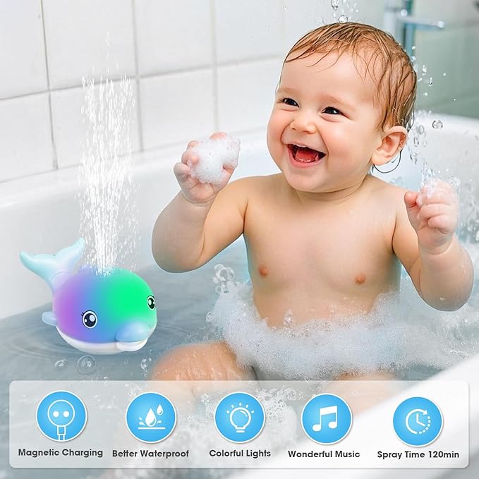 Baby Bath Toys, 2025 Upgraded Magnetic Charging Toddler Bath Toys for Kids Ages 1-3, Light Up Dolphin Bath Toy Sprinkler, Birthday Gifts Infant Baby Toys 6-12-18 Months- Blue