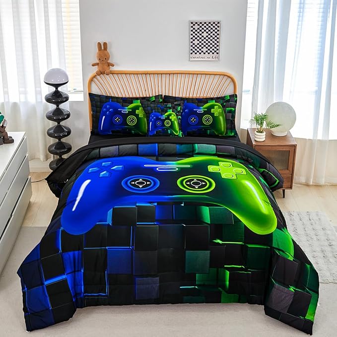 PERFEMET 6-Piece Game Twin Comforter Set for Kids Blue and Green Boys Gaming Bed in a Bag with Sheets Soft 3D Cool Fluffy Video Game Console Bedding Set for Girls Teen(Blue Green, Twin)