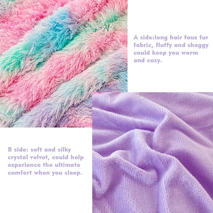 PERFEMET Pink Blue Fluffy Comforter for Girls Twin Size 3-Piece Ultra Soft Tie-Dyed Faux Fur Plush Bedding Comforter Sets Warm Cozy Tie Dyed Velvet Fuzzy Furry Bed Set for Kids Teens(Pink Blue, Twin)