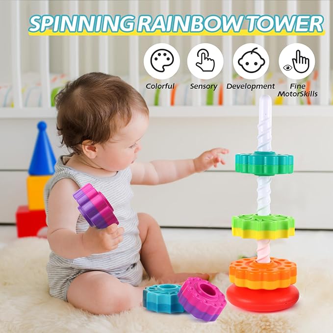 Spinning Stacking Toys - Rainbow Tower, Kids Stackable Spinning Toy, Educational Toy for Toddlers 1-3, Strong ABS Plastic, Color & Shape Recognition, Builds Sensory & Motor Skills