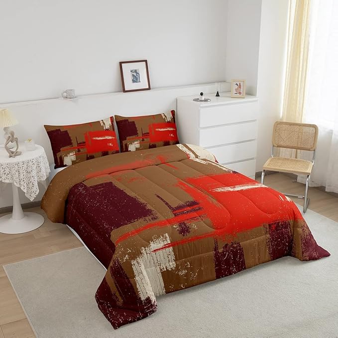 Abstract Bedding Set Comforter Set for Kids Boys Girls Teens Room Decor Modern Abstract Art Comforter Brown Orange Duvet Set 2Pcs Toddler Size