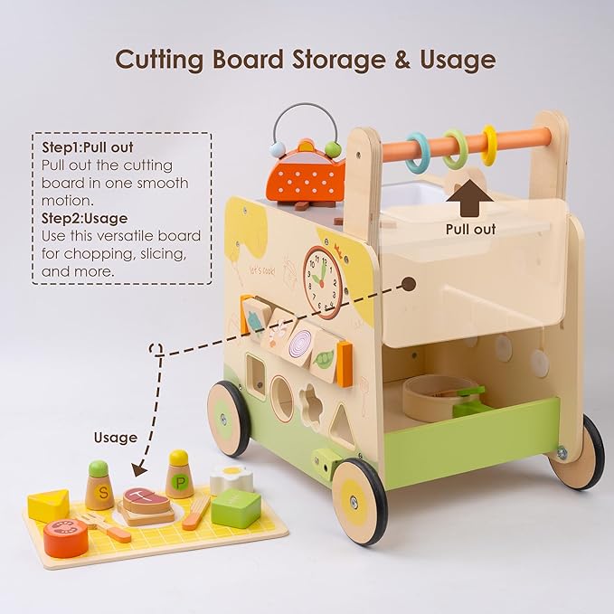 Wooden Baby Walker 3-in-1 Push Toy for Toddlers, Montessori Sensory Activity Center with Pretend Kitchen, Adjustable Speed Learning Walker, Safe Wooden Toy, Ideal Gift for Boys and Girls