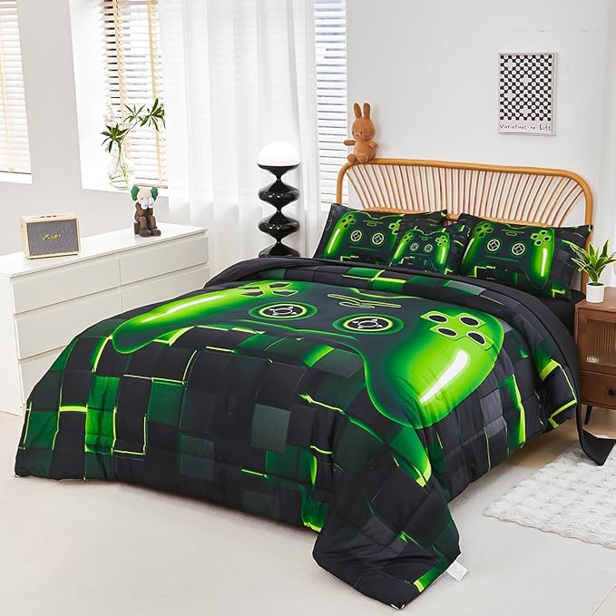 PERFEMET 6 Pcs Gaming Bedding Set Queen Size Green Game Console Kids Bed in A Bag 3D Black Gamer Comforter Set with Sheets for Boys Teen Lightweight Video Gamepad Bedroom Set(Green, Queen)