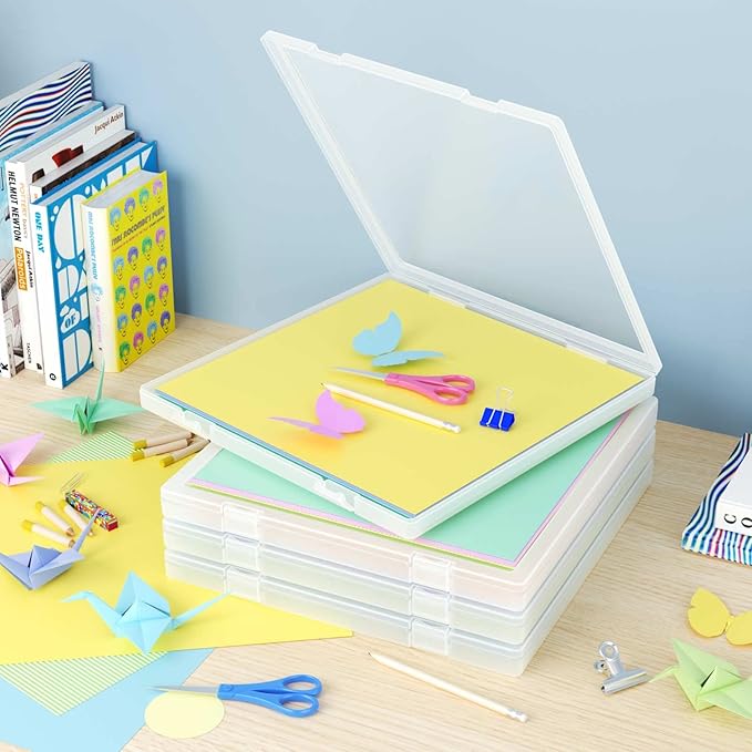 Denkee 12 x 12 Paper Storage, 4 Pack Scrapbook Paper Organizer Storage, Craft Organizers Box, Portable Storage Containers for Board Game, Craft, Art Supplies