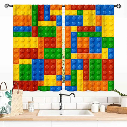 Building Blocks Curtains for Boys Room, Abstract Colorful Plastic Building Brick Blocks Geometric Printed Pattern Window Treatment Drapes for Kids Baby Bedroom Living Room, 55x39 Inch