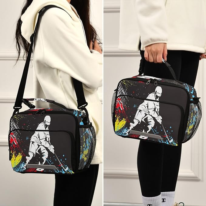 ALAZA Hockey Player Kids Lunch Box Lunchbox Insulated Reusable Meal Container Lunch Bag with Shoulder Strap for School Girls Boys
