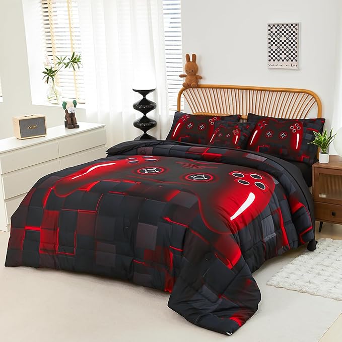 PERFEMET 6-Piece Boys Comforter Set Queen Size Game Console Bedding Set for Kids Teen 3D Black and Red Gamepad Gaming Bed in a Bag Matching Sheet Set(Red, Queen)