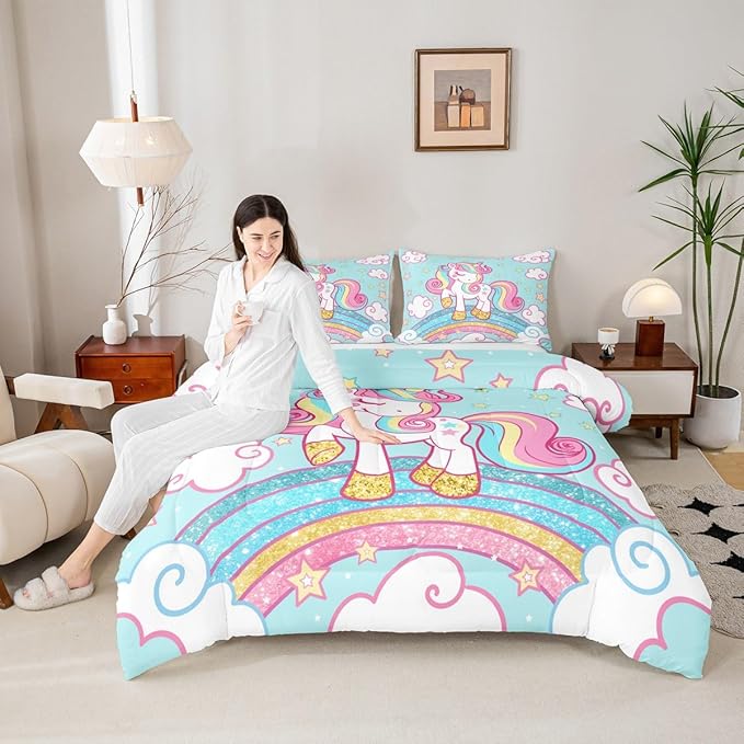 Feelyou Unicorn Bedding Twin,Star Print Rainbow Kids Comforter Sets for Girls Comforter Set,Cute Unicorn Duvet Quilt,Cute Animal Bedding Rainbow Bedroom Decor,Blue