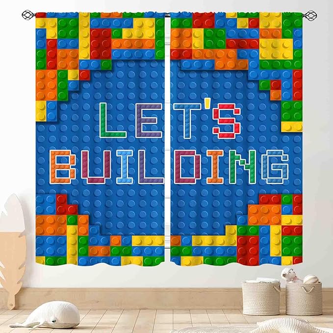 Kids Boys Curtains for Bedroom, Colorful Building Blocks Toys Plastic Brick Toy Pattern Abstract Contour Printed Blue Blackout Drapes for Boys Room Living Room Nursery Party Decor, 55"x63" Inch