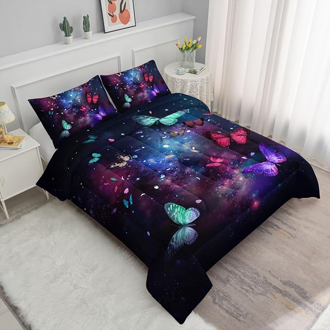 3D Butterfly Comforter Set Starry Sky Galaxy Printed Bedding Set with 1 Comforter and 2 Pillowcases for Boys and Girls Bedroom All Season(Butterfly-2 Twin)