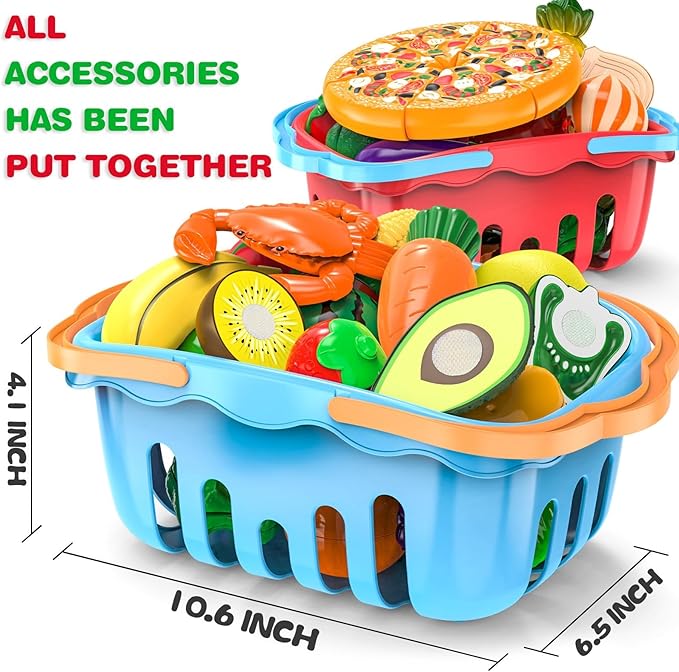 120 Pcs Cutting Play Food Toy for Multiple Kids with 2 Colors Storage Baskets, Kitchen Pretend Food Set for Toddler, Kitchen Toys Accessories, Fake Food/Fruit/Vegetable, Birthday Gifts for Boy Girl