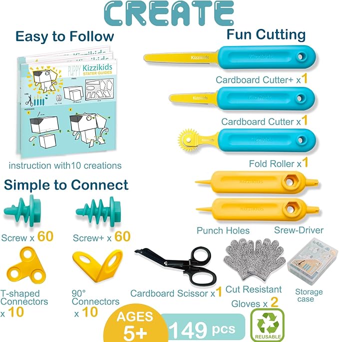 Cardboard Tools for Kids with Cutter &Tool Box, 149 PCS Cardboard Construction Kit for Family & Team Activities, Creative STEM Educational Toys Gift for Boys and Girls Aged 5+