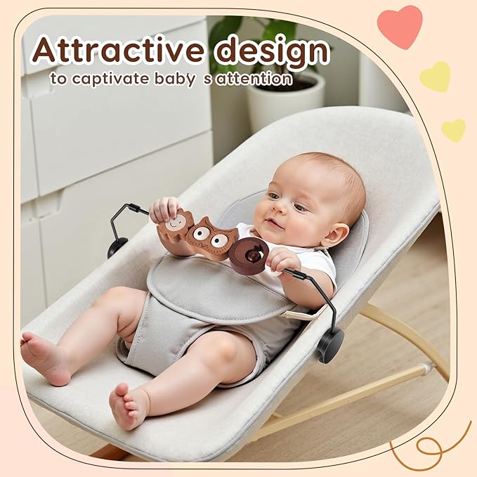 Baby Bouncer Toy Bar Wooden Compatible with Baby Bjorn Bouncer, Durable Wooden Bouncer Toy Bar Attachment, Tight and Secure Fit, Rotatable Sensory Toys for Curious Babies (Flower and Owl)