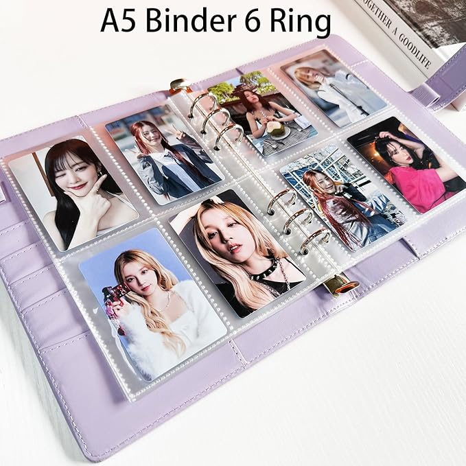 A5 Kpop Photocard Binder, 6 Ring Binder Collector’s Album with 240 Card Slots, PU Leather Cover for Organizing K-Pop, Trading Cards, Game Cards & Memorabilia (Purple)