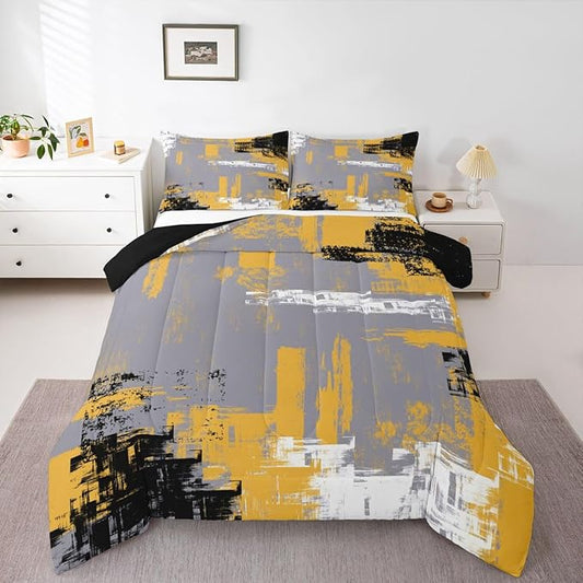 Feelyou Abstract Bedding Set Kids Modern Abstract Art Comforter Set Yellow Grey Black Comforter for Boys Room Decor Lightweight Retro Duvet Set Full Size with 2 Pillow Case