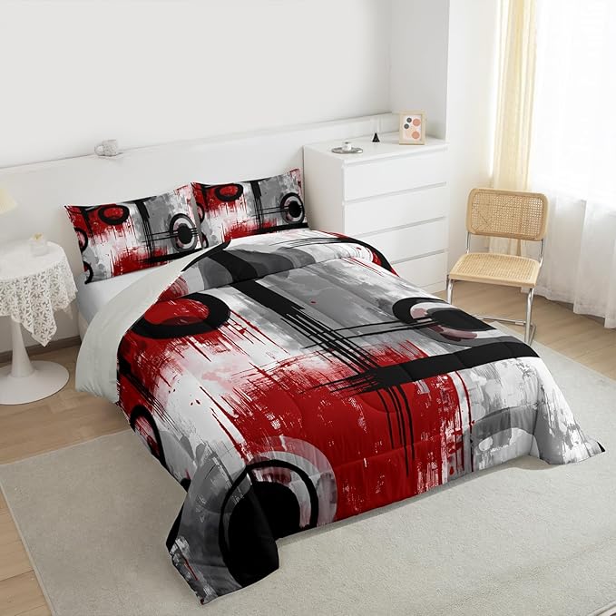 Feelyou Kids Abstract Comforter Set Twin Size Modern Art Bedding Set for Boys Girls Teens Bedroom Decor Geometric Comforter Women Men Geometric Red Black Duvet Set with 1 Pillow Case