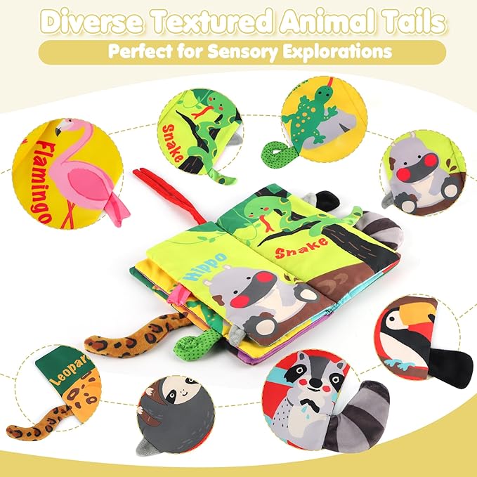 beiens Soft Toys Baby Cloth Books, Touch and Feel Crinkle Books for Babies, Infants & Toddler, Early Development Interactive Car Toys & Stroller Toys for Boys & Girls (Rainforest Tails-1 Book)