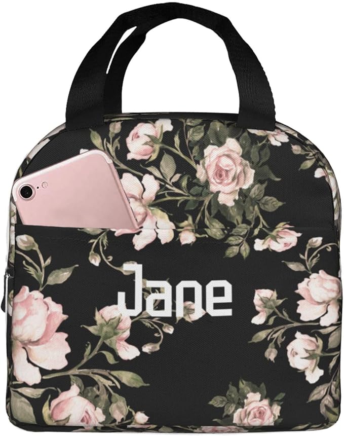 Custom Lunch Bag Watercolor Rose Pink Flower Black Personalized Insulated Lunch Box with Name Reusable Cooler Tote for Adults Student Girl Boy Work Office School Picnic Over 3 Years Old