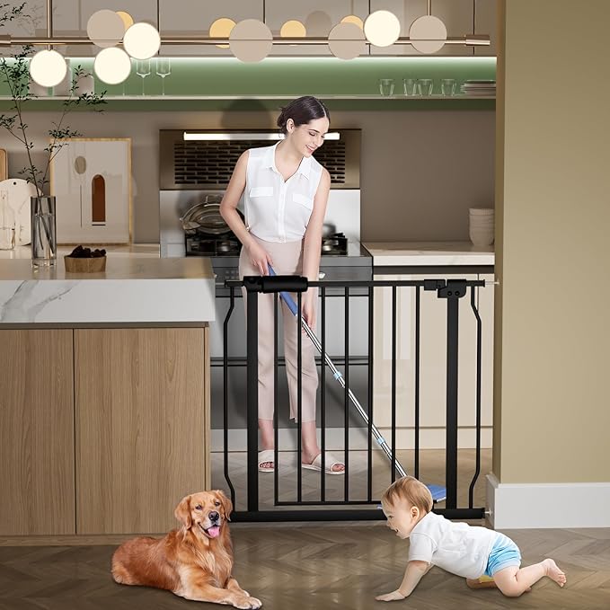 30" Tall Extra Wide Baby Gate for Doorways Stairs Large Long Dog Gates Pressure Mounted Indoor Safety Gates Walk Through Toddler Child Gates for Kids or Pets (Black, 76.38-86.3"/194-219cm)