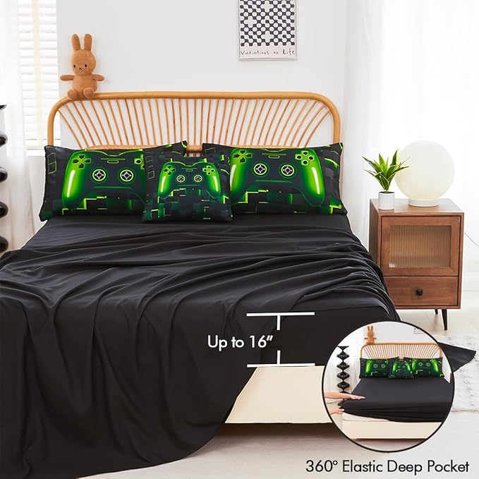 PERFEMET 6 Pcs Gaming Bedding Set Queen Size Green Game Console Kids Bed in A Bag 3D Black Gamer Comforter Set with Sheets for Boys Teen Lightweight Video Gamepad Bedroom Set(Green, Queen)