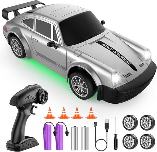 RC Drift Car, 1:24 Scale Remote Control Car with LED Lights, 20KM/H 4WD High Speed RC Cars, Racing and Drifting Dual-Mode Toy Car Idea Gift for Adults and Kids, Silver