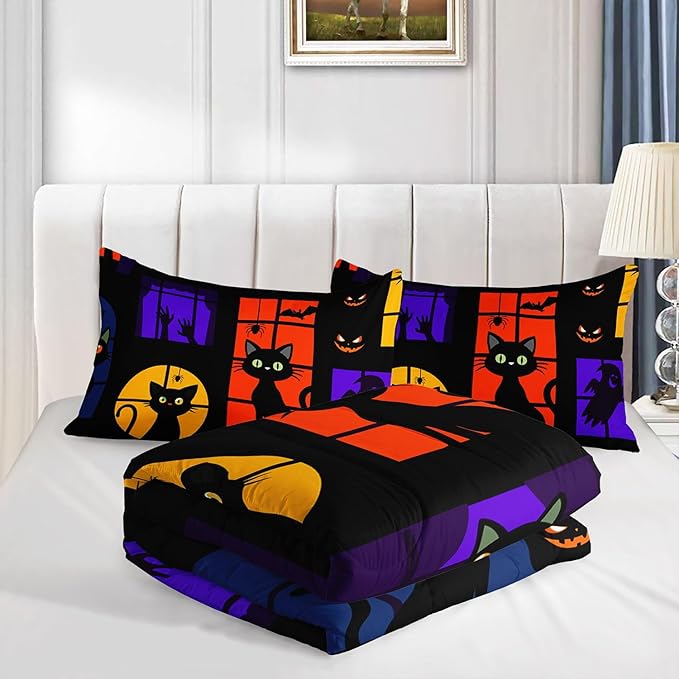 Black Cat Comforter Set Cute Animal Printed Bedding Set with 1 Comforter and 2 Pillowcases for Boys and Girls Bedroom All Season(Cat-2 Queen)