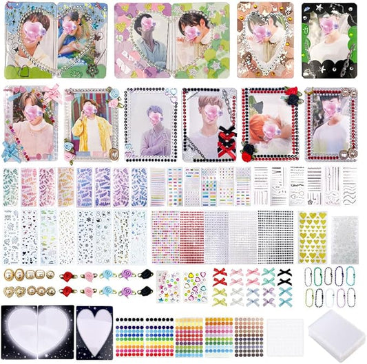 PALM LASHES K-pop DIY Photocard Toploader Decoration Kit – Includes 10pcs Hard Photocard Holder Sleeve 3D Flowers & Ribbon Bows, Stickers, and 3D Sticker for Card Trading