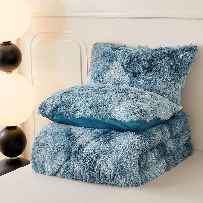PERFEMET Fuzzy Faux Fur Comforter Set Queen Size 3 Pcs Colorful Plush Shaggy Tie Dye Teal Blue Bedding Set Ultra Soft Comfy Fluffy Furry Velvet Quilt Set(Turquoise, Queen)