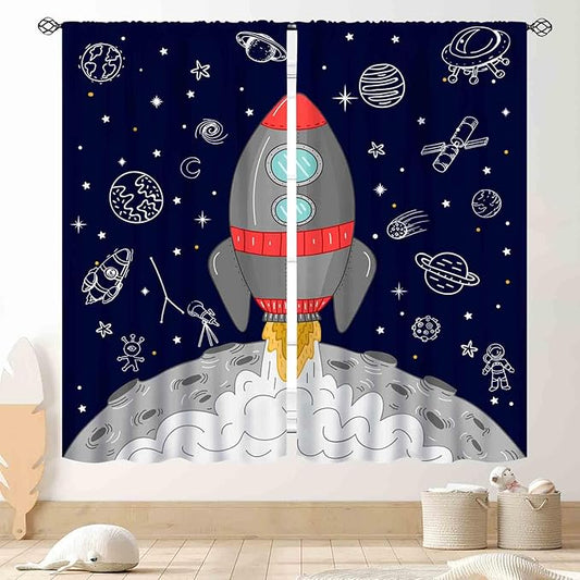 Kids Space Curtains for Boys Room, Cartoon Rocket Universe Galaxy Space Planets Navy Blackout Kids Window Drapery Treatments for Bedroom Living Room Nursery Playroom 2 Panels, 42"x54" Inch