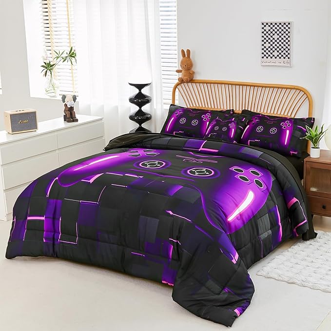 PERFEMET 6 Pieces Bed in A Bag Gamer Comforter Set Queen Size Purple Gaming Bedding Set for Boys Kids Teen Soft Lightweight Video Game Black Quilt Bedspread Set(Purple, Queen)